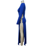 Solid Color Round Neck Sexy Slit Long Dress YF-10003