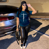 Plus Size Letter Print O Neck Short Sleeve T-Shirt BMF-059F