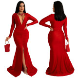 Solid Color Sexy V-Neck Slit Evening Dress YF-10036