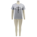 Plus Size Letter Print O Neck Short Sleeve T-Shirt BMF-059F