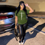 Plus Size Letter Print O Neck Short Sleeve T-Shirt BMF-059F