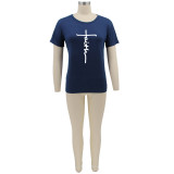 Plus Size Letter Print O Neck Short Sleeve T-Shirt BMF-059F