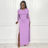 Solid Color Round Neck Sexy Slit Long Dress YF-10003