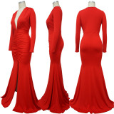 Solid Color Sexy V-Neck Slit Evening Dress YF-10036
