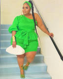 Plus Size Solid One Shoulder Peplum Top And Shorts Sets MOF-8906