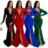 Solid Color Sexy V-Neck Slit Evening Dress YF-10036