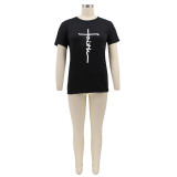 Plus Size Letter Print O Neck Short Sleeve T-Shirt BMF-059F