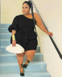 Plus Size Solid One Shoulder Peplum Top And Shorts Sets MOF-8906