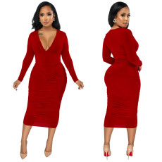 Solid Color Long Sleeve Skinny Ruched V-neck Midi Dress YF-10027