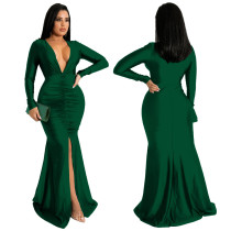 Solid Color Sexy V-Neck Slit Evening Dress YF-10036