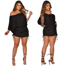 Solid Color Wrinkled Bat Sleeve Mini Dress YF-10014