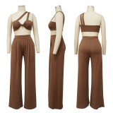 Solid Crop Top Wide Leg Pants Two Piece Sets YF-10157