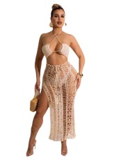 Solid Color Halter Side Slit Sling Beach Dress OSM-4363