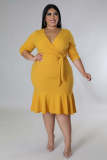 Plus Size 3/4 Sleeve Deep V Ruffle Dress OSM-5305