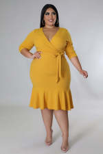Plus Size 3/4 Sleeve Deep V Ruffle Dress OSM-5305
