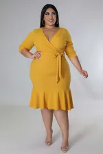 Plus Size 3/4 Sleeve Deep V Ruffle Dress OSM-5305