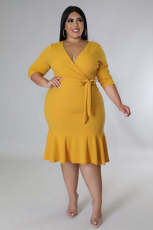 Plus Size 3/4 Sleeve Deep V Ruffle Dress OSM-5305