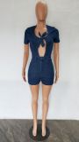 Denim Hollow Out Short Sleeve Romper LX-6936