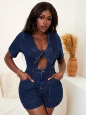 Denim Hollow Out Short Sleeve Romper LX-6936