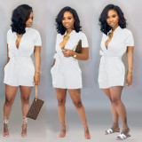 Plus Size Solid Short Sleeve Sashes Romper LSD-82097