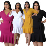 Plus Size 3/4 Sleeve Deep V Ruffle Dress OSM-5305