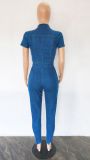 Denim Zipper Sashes Skinny Jeans Jumpsuit LX-6930