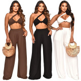 Solid Crop Top Wide Leg Pants Two Piece Sets YF-10157