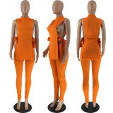 Plus Size Solid Sleeveless Split Top And Pants Sets MXDF-6109