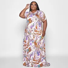 Plus Size Casual Loose Print Short Sleeve Maxi Dress OSIF-22355