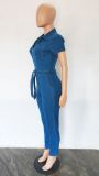 Denim Zipper Sashes Skinny Jeans Jumpsuit LX-6930