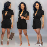 Plus Size Solid Short Sleeve Sashes Romper LSD-82097