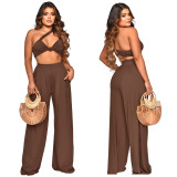 Solid Crop Top Wide Leg Pants Two Piece Sets YF-10157