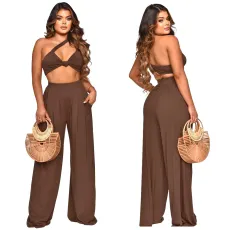 Solid Crop Top Wide Leg Pants Two Piece Sets YF-10157