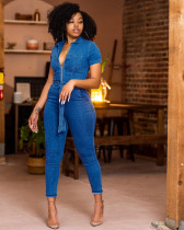 Denim Zipper Sashes Skinny Jeans Jumpsuit LX-6930