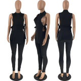 Plus Size Solid Sleeveless Split Top And Pants Sets MXDF-6109