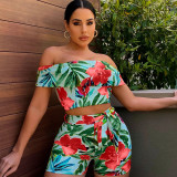 Floral Print Slash Neck Two Piece Shorts Sets OLYF-6099