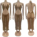 Solid Color Halter Side Slit Sling Beach Dress OSM-4363