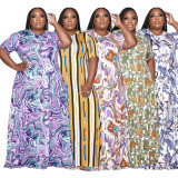 Plus Size Casual Loose Print Short Sleeve Maxi Dress OSIF-22355