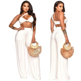 Solid Crop Top Wide Leg Pants Two Piece Sets YF-10157