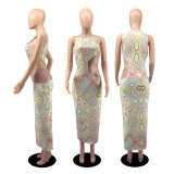 Sexy Printed Hollow Out Sleeveless Maxi Dress YIBF-60164