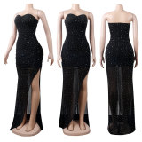 Plus Size Sexy Slim Tube Top Split Hot Diamond Maxi Dress NY-2447