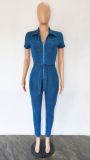 Denim Zipper Sashes Skinny Jeans Jumpsuit LX-6930