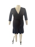 Plus Size 3/4 Sleeve Deep V Ruffle Dress OSM-5305