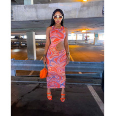 Sexy Printed Hollow Out Sleeveless Maxi Dress YIBF-60164