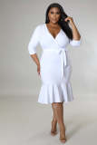 Plus Size 3/4 Sleeve Deep V Ruffle Dress OSM-5305