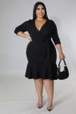 Plus Size 3/4 Sleeve Deep V Ruffle Dress OSM-5305