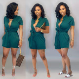 Plus Size Solid Short Sleeve Sashes Romper LSD-82097