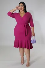 Plus Size 3/4 Sleeve Deep V Ruffle Dress OSM-5305