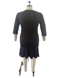 Plus Size 3/4 Sleeve Deep V Ruffle Dress OSM-5305