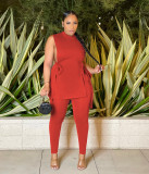 Plus Size Solid Sleeveless Split Top And Pants Sets MXDF-6109